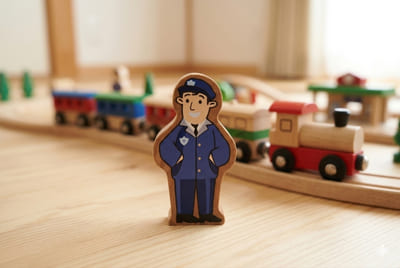 車掌の形の木のおもちゃの写真